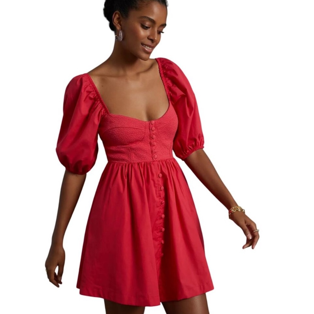 Anthropologie Maeve Puff-Sleeved Sweetheart Mini Dress